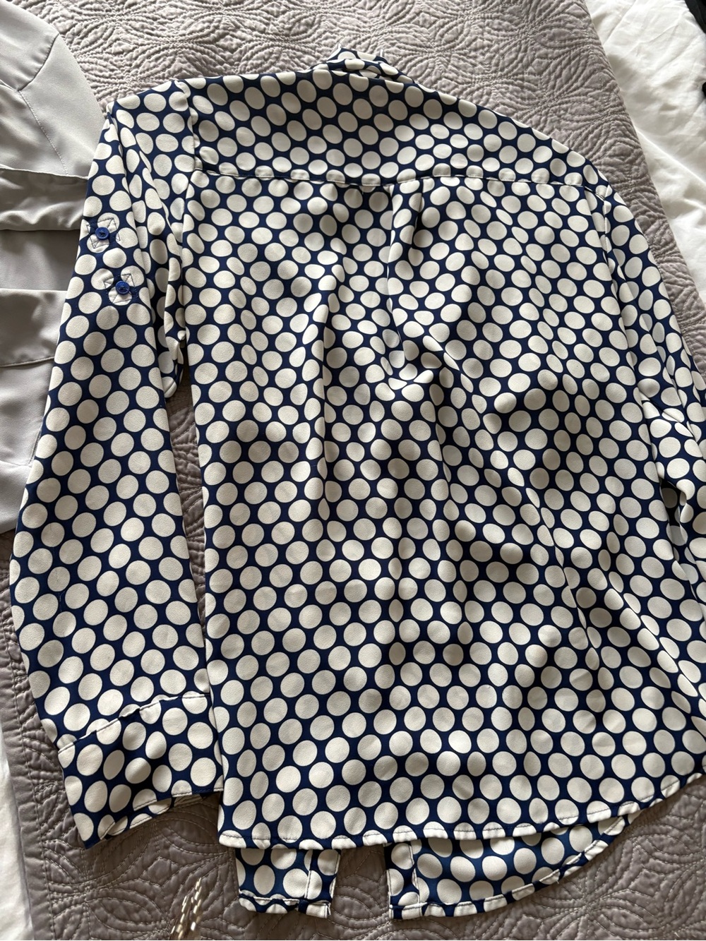 Express Navy and Cream Polka Dot Button-Down Blouse